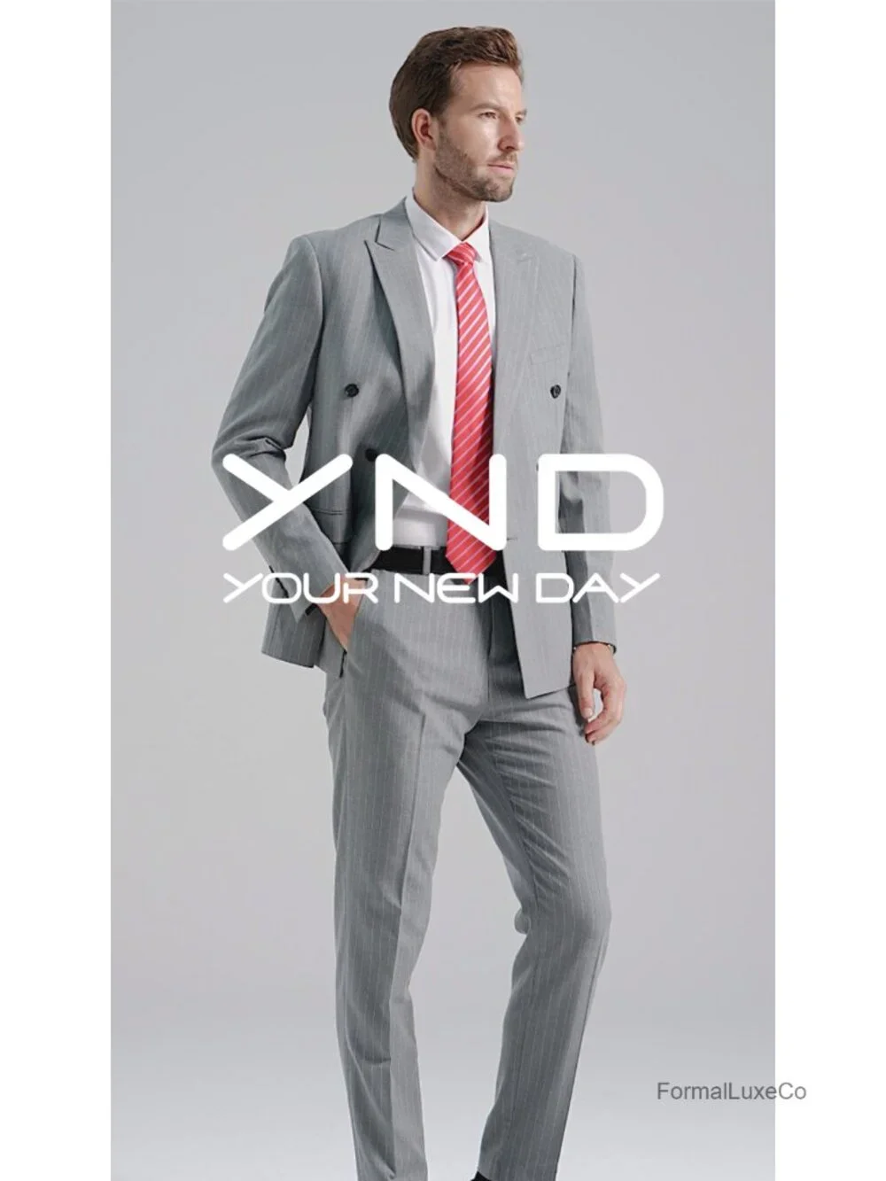 Slim Fit 2-Piece Double-Breasted Stripe Suit Set with Tie for Men